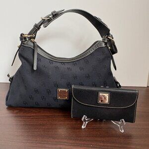 Dooney & Bourke Black DB Logo Canvas Hobo Satchel with Matching Leather Wallet